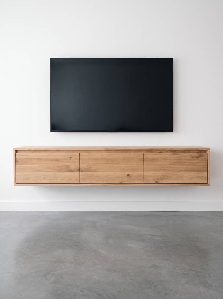 Zwevend massief eiken tv meubel met 3 kleppen