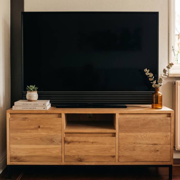 Eiken audio- tv meubel met 3 softclose lades