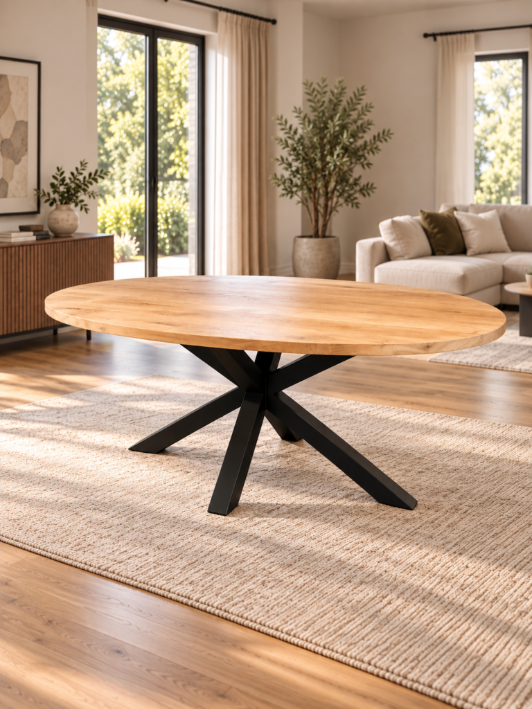 Ovale massief eiken eettafel met matrixpoot