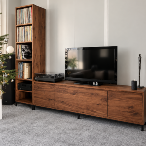 Tv meubel notenhout met 2 lades en 2 kleppen