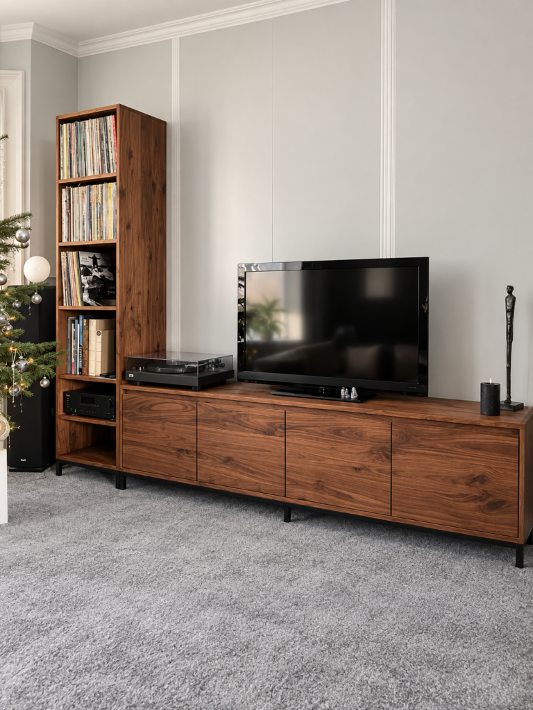 Tv meubel notenhout met 2 lades en 2 kleppen