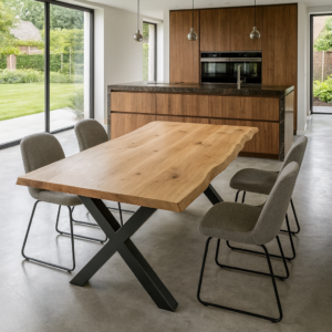 Eiken boomstamtafel met X poten