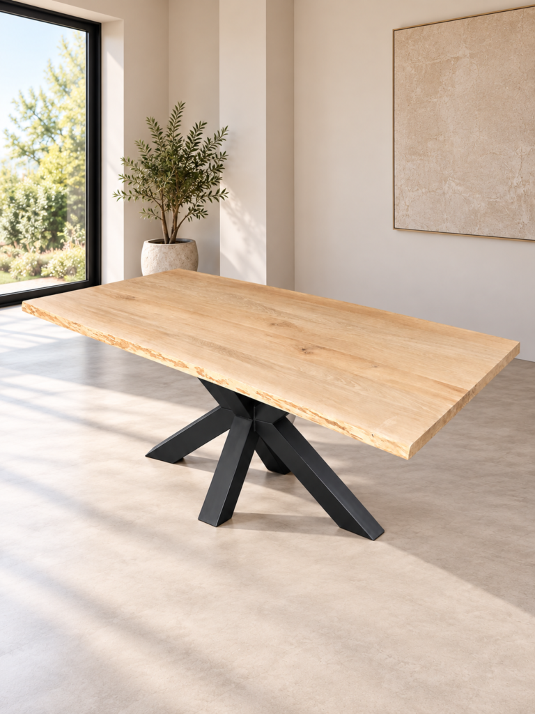 Eettafel eikenhout met natuurlijk gevormde boomkant en matrixpoot