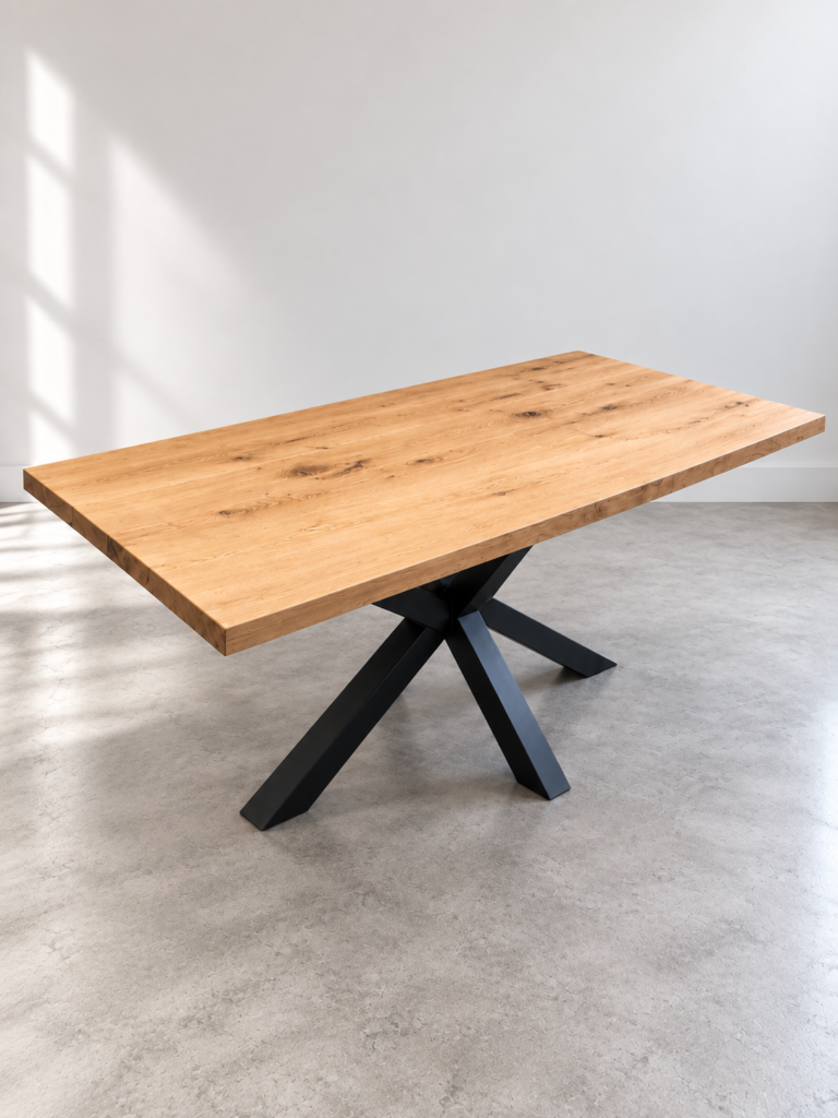 Eiken eettafel met stalen matrixpoot