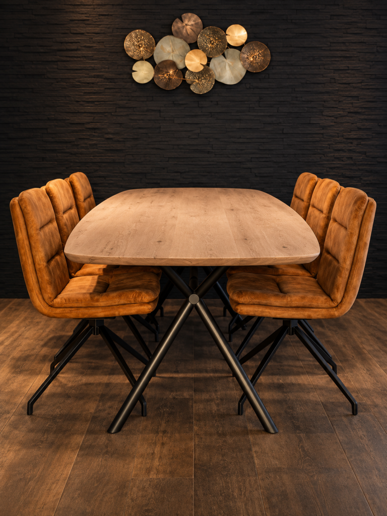 Eikenhouten tafel Deens ovaal met verjongde rand op Rex Long onderstel