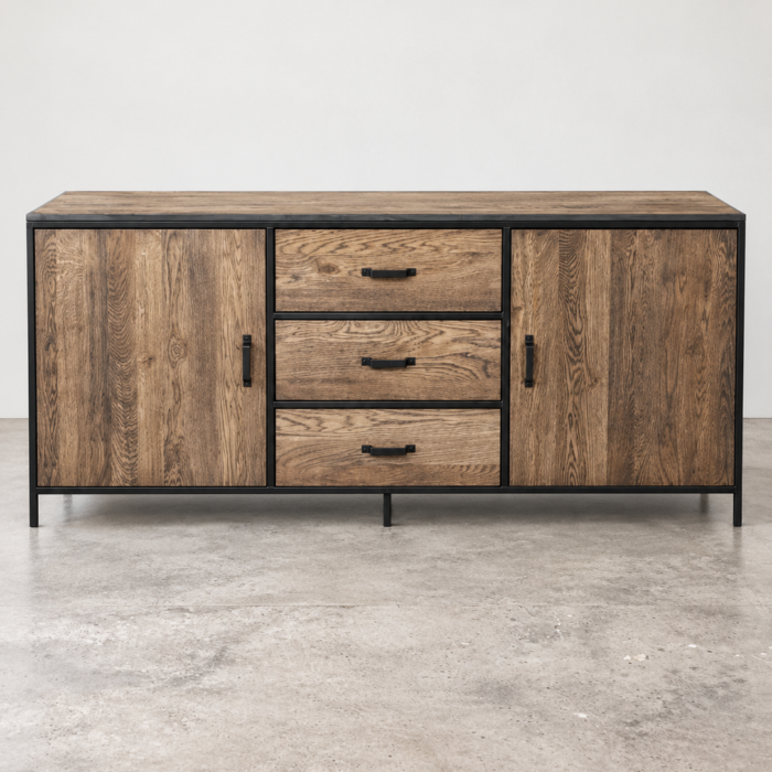 Massief eiken dressoir met staal 2 deuren 3 lades softclose