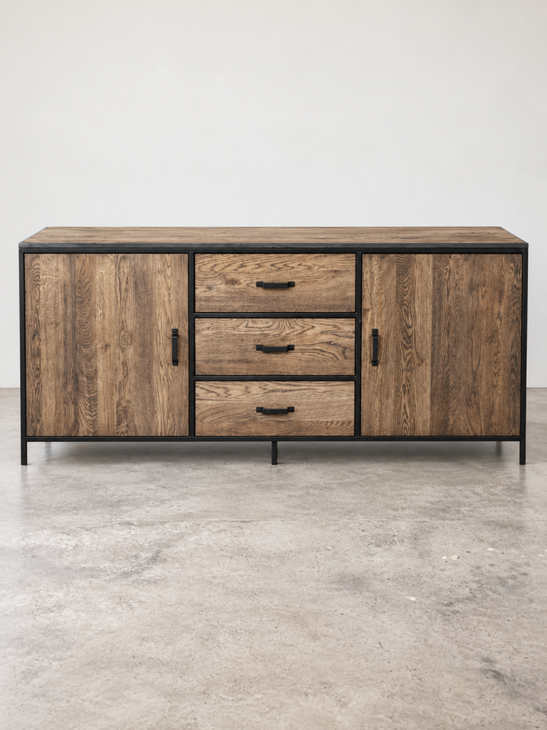 Massief eiken dressoir met staal 2 deuren 3 lades softclose