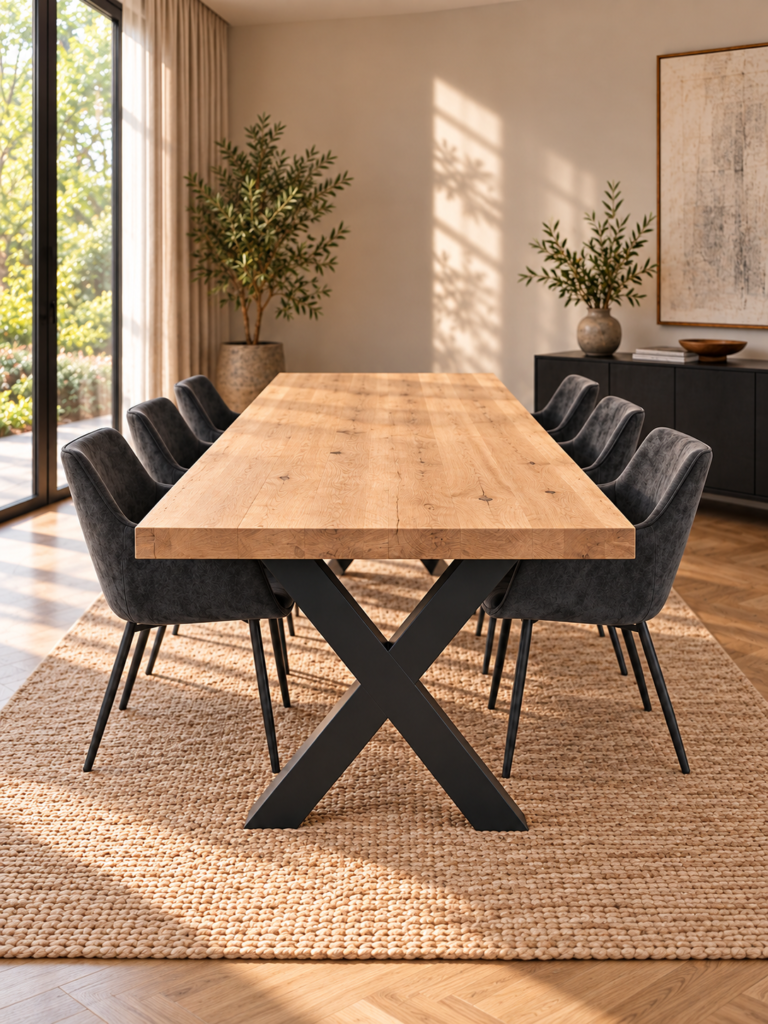 Eettafel eikenhout met X-poten opgedikt 4+4cm
