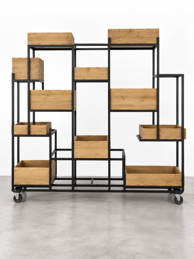 Verrijdbare stalen kast / roomdivider met plantenbakjes