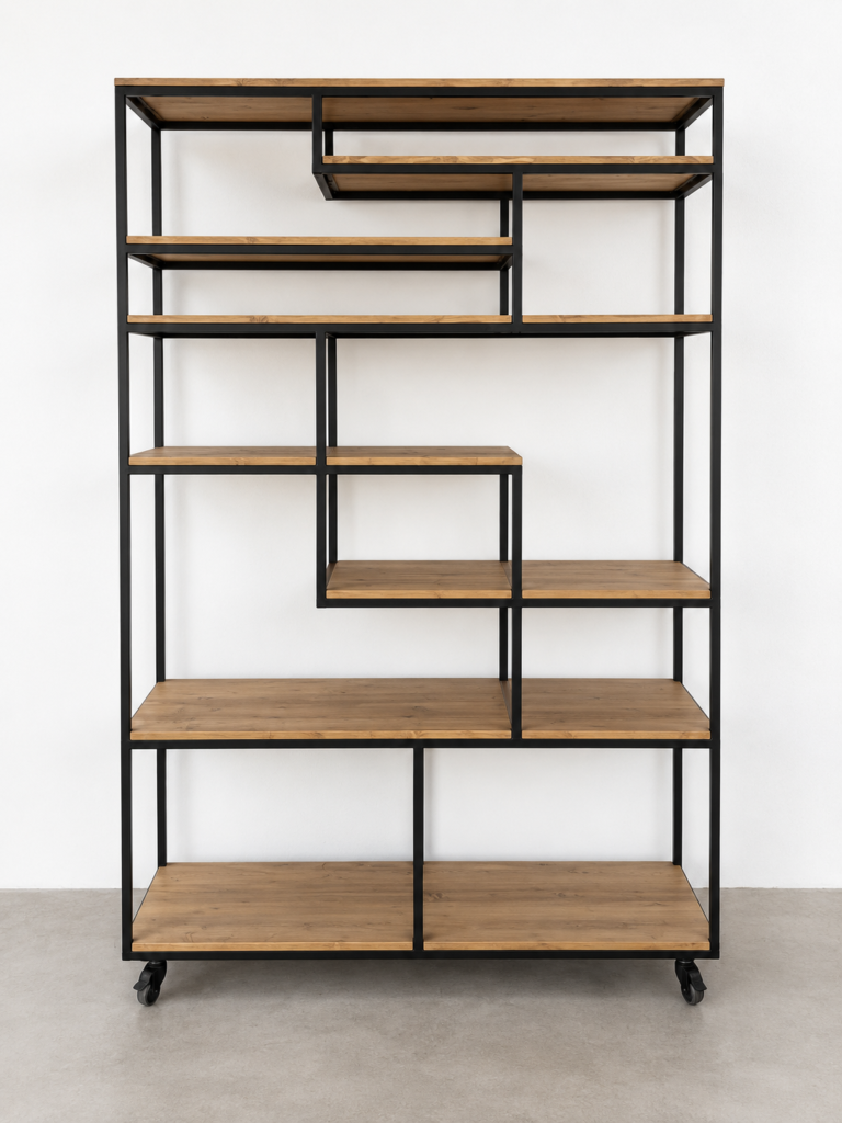 Verrijdbare roomdivider stalen kast met houten inleg
