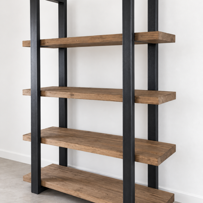 Industriële stalen Kast met houten kastplanken
