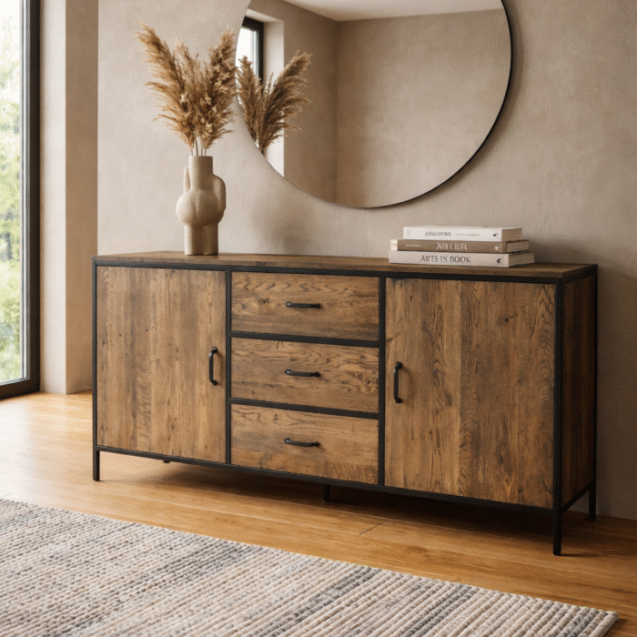 Massief eiken dressoir met staal 2 deuren 3 lades softclose